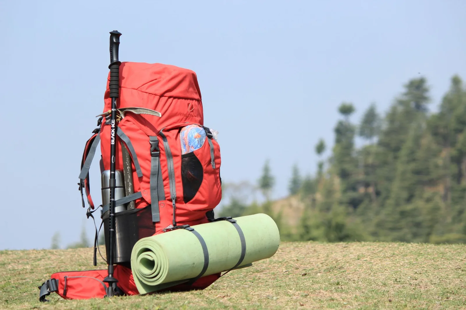 Trekking essentials laid out before a backcountry hike